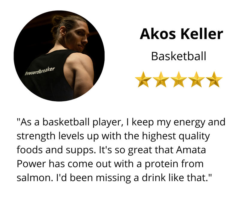Amata Power athletes. Salmon protein. 87% protein content. Fast absorption. Best quality. Salmon from Norway. Easy on your stomach. Dairy free, keto friendly. Natural ingredients. Sweetened with stevia. Hydrolyzed salmon protein.