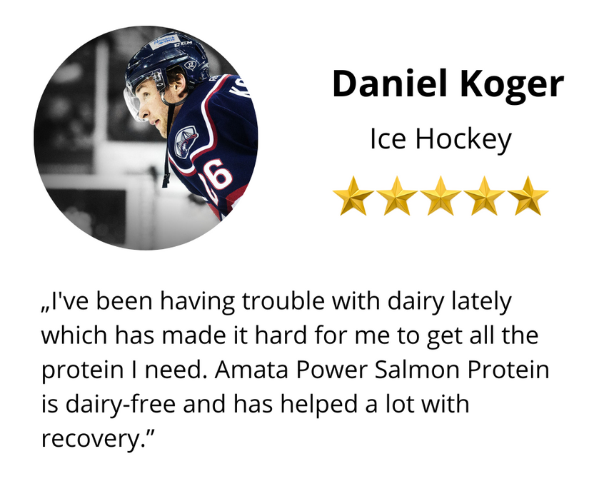 Amata Power athletes. Salmon protein. 87% protein content. Fast absorption. Best quality. Salmon from Norway. Easy on your stomach. Dairy free, keto friendly. Natural ingredients. Sweetened with stevia. Hydrolyzed salmon protein.