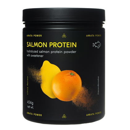 Amata Power salmon protein in citrus flavor. 88% protein content. Fast absorption. Easy on your stomach. Dairy free, paleo, keto friendly. No added sugar. Natural ingredients. Sweetened with stevia. Hydrolyzed protein. Recordbreaker.