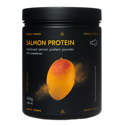 Amata Power salmon protein in mango flavor. 87% protein content. Fast absorption. Easy on your stomach. Dairy free, paleo, keto friendly. No added sugar. Natural ingredients. Sweetened with stevia. Hydrolyzed protein. Recordbreaker.