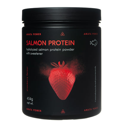 Amata Power salmon protein in strawberry flavor. 87% protein content. Fast absorption. Easy on your stomach. Dairy free, paleo, keto friendly. No added sugar. Natural ingredients. Sweetened with stevia. Hydrolyzed protein. Recordbreaker.
