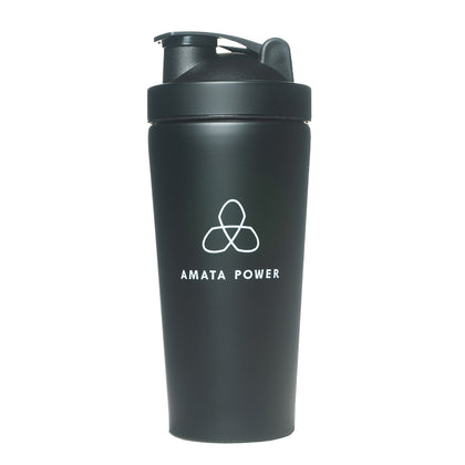 Amata Power stainless steel shakers in black color. Sustainable. Super strong. Odorless. Mix your salmon protein in steel shakers.