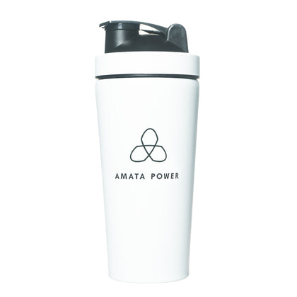 Amata Power stainless steel shakers in white color. Sustainable. Super strong. Odorless. Mix your salmon protein in steel shakers.